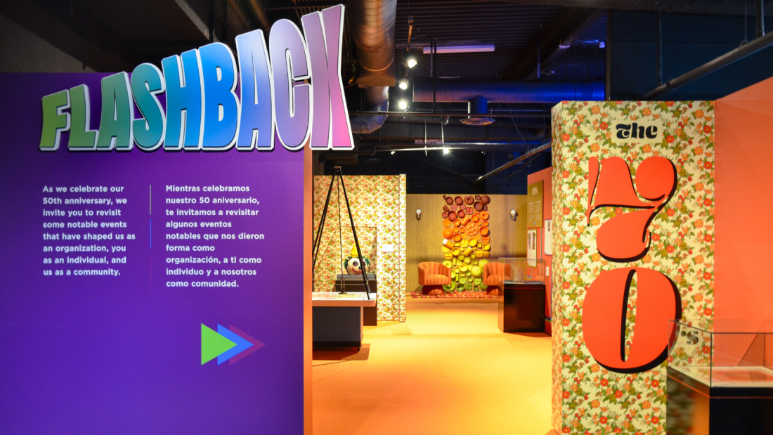 Image of the entrance to the Flashback exhibition. A purple wall with white text and the word "FLASHBACK" stylized at the top. To the right is a panel that says "70's"