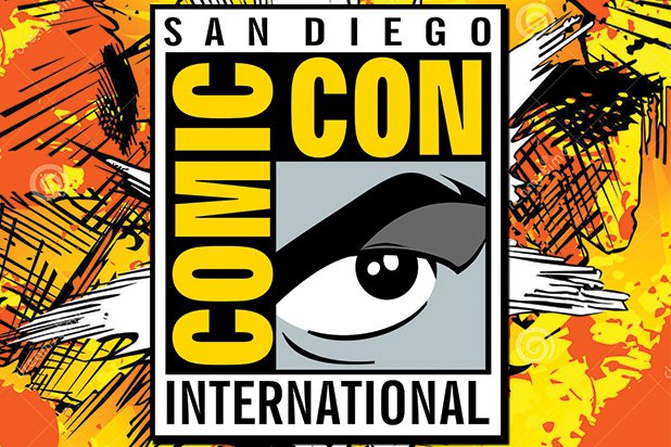 Comiccon in San Diego logo with an abstract comic-book background.