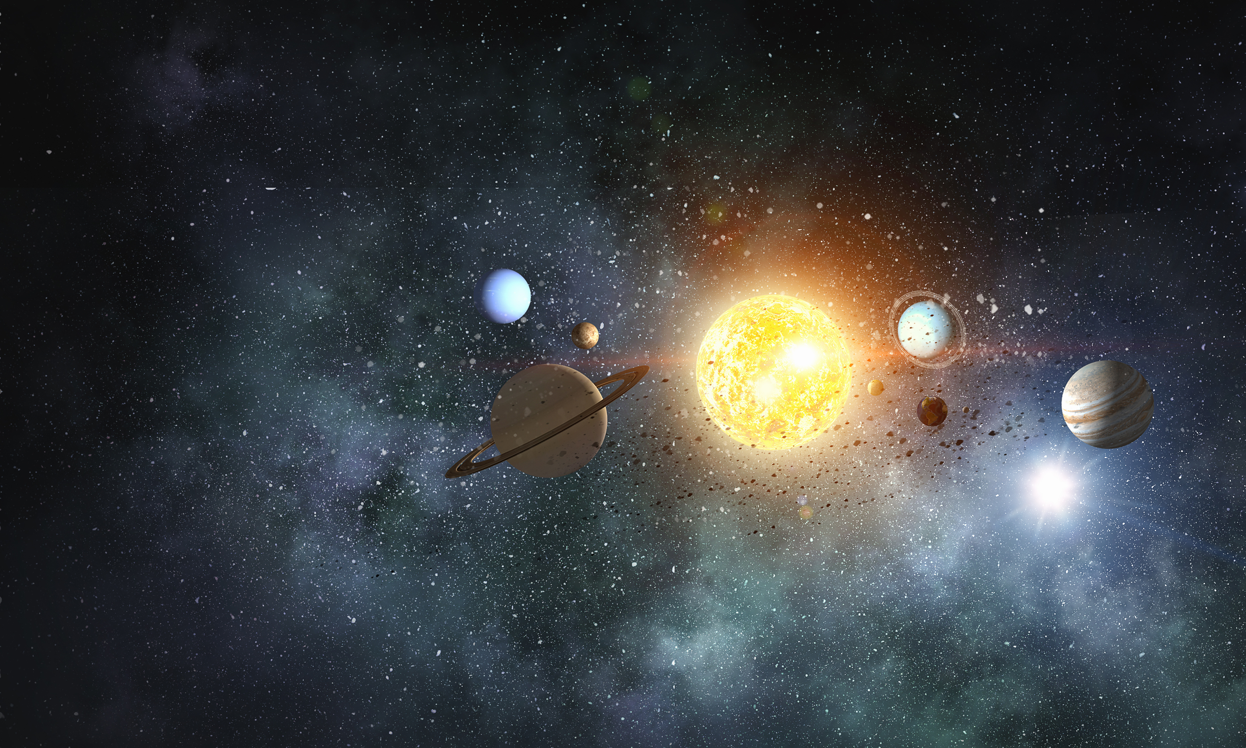 Artist rendered image of the solar system. Image depicts the sun with the planets of our solar system surrounding it