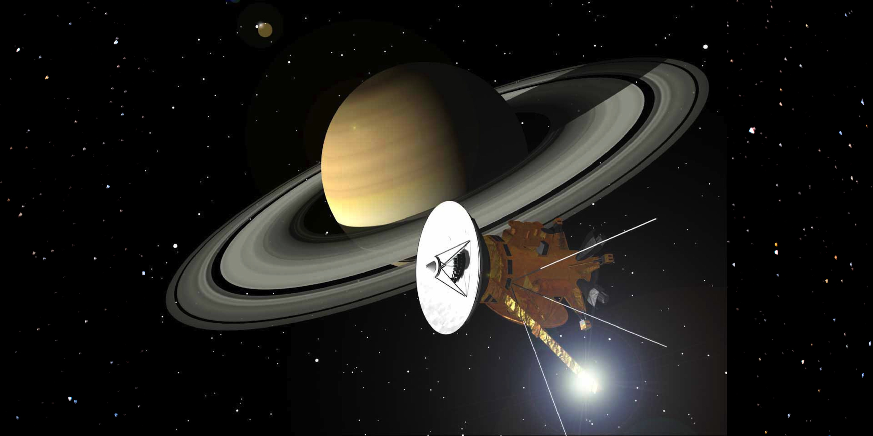 Artists concept of Cassini orbiting the planet Saturn.