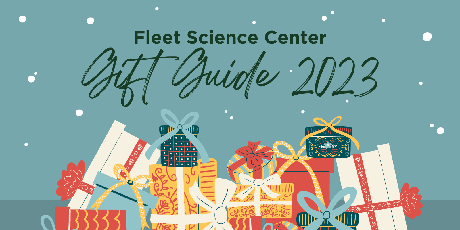Fleet Science Center Gift Guide 2023 with wrapped present below the text