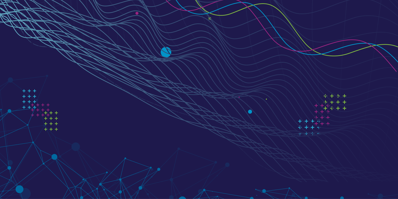 A dark blue background with swirling squiggle lines in white with pops of green blue and purple up top and a light blue matrix pattern on the bottom