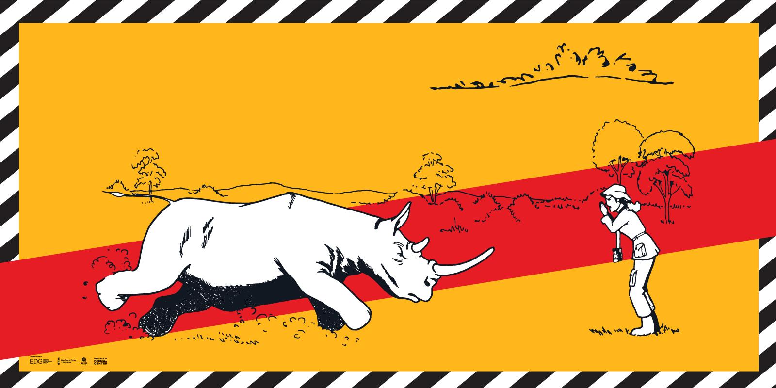 illustration of a rhino charging against a woman taking a photo on yellow and red background