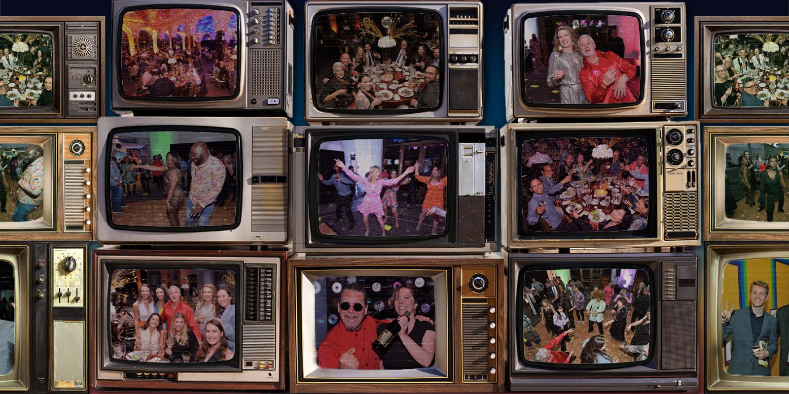 a collection of vintage tvs with images of people celebrating and dancing on the screens