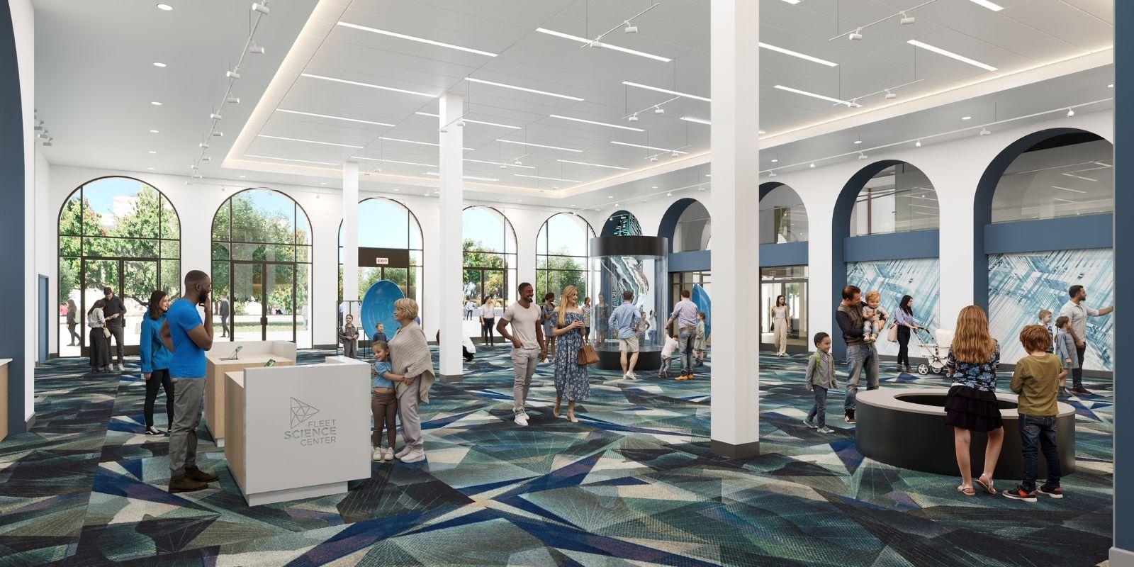 museum lobby picturing visitors interacting with exhibits