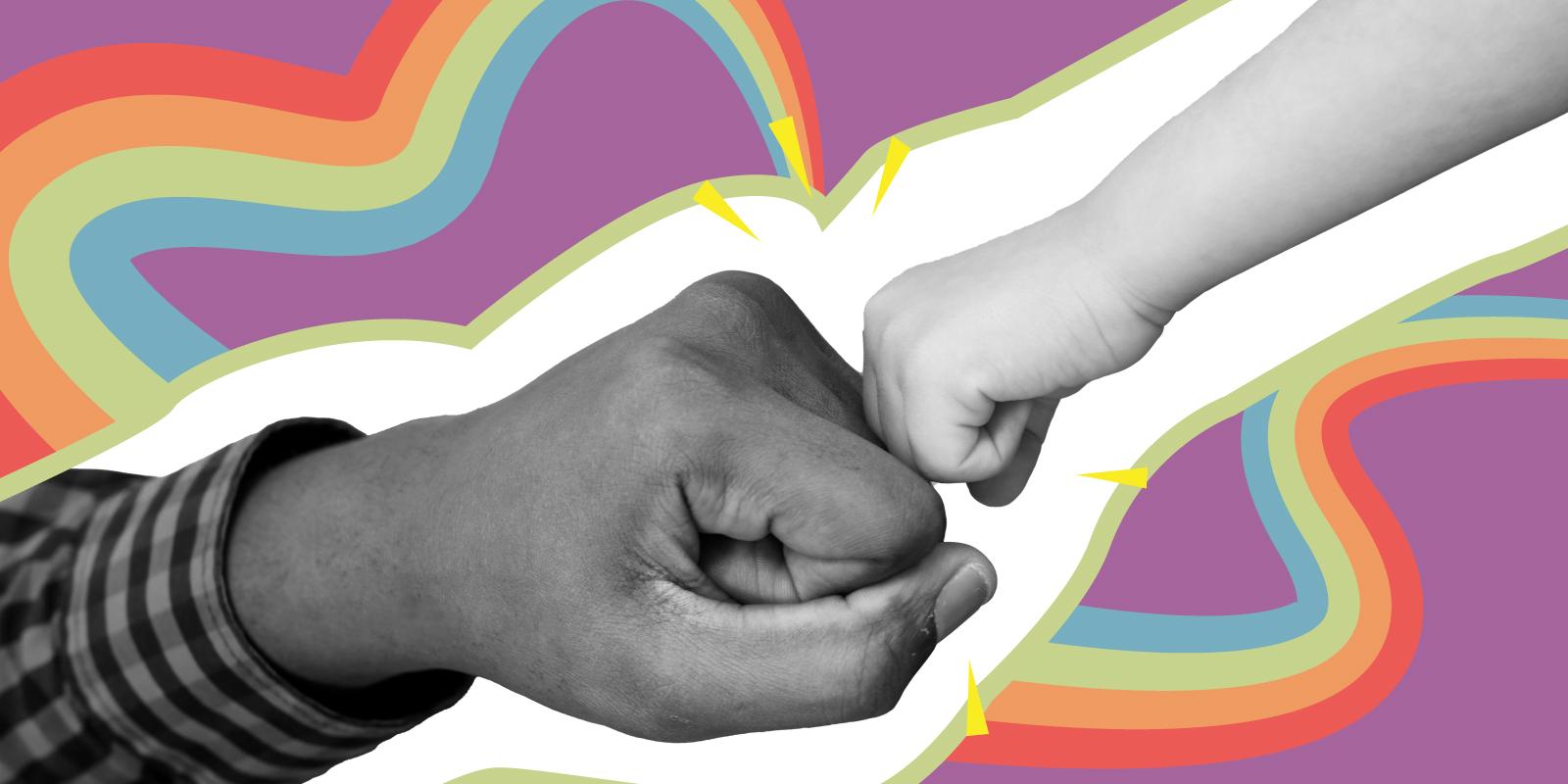 An image of two hands having a fist bump on a purple background and a colorful rainbow surrounds it