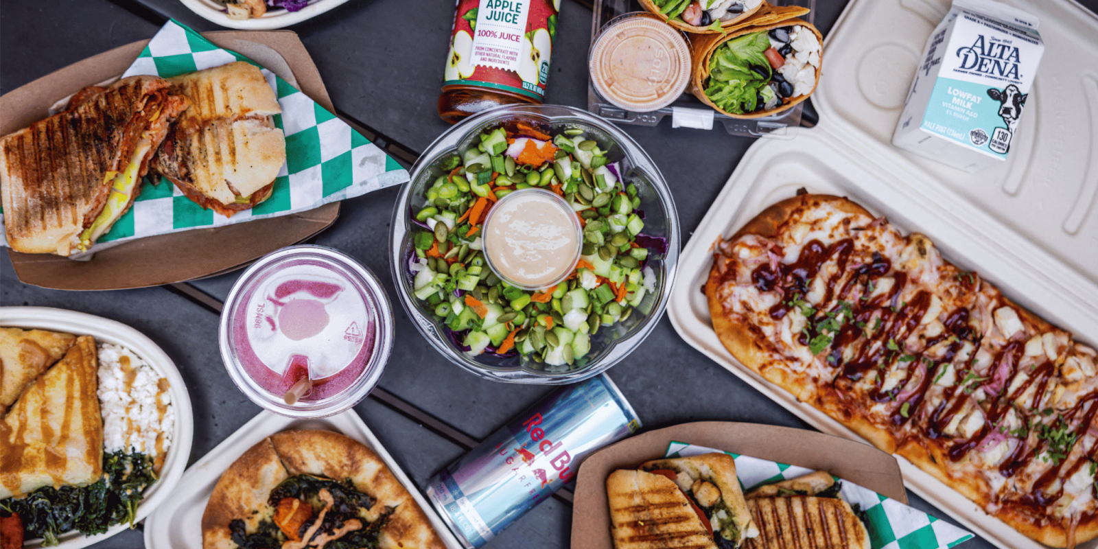 Assortment of food and drink on table