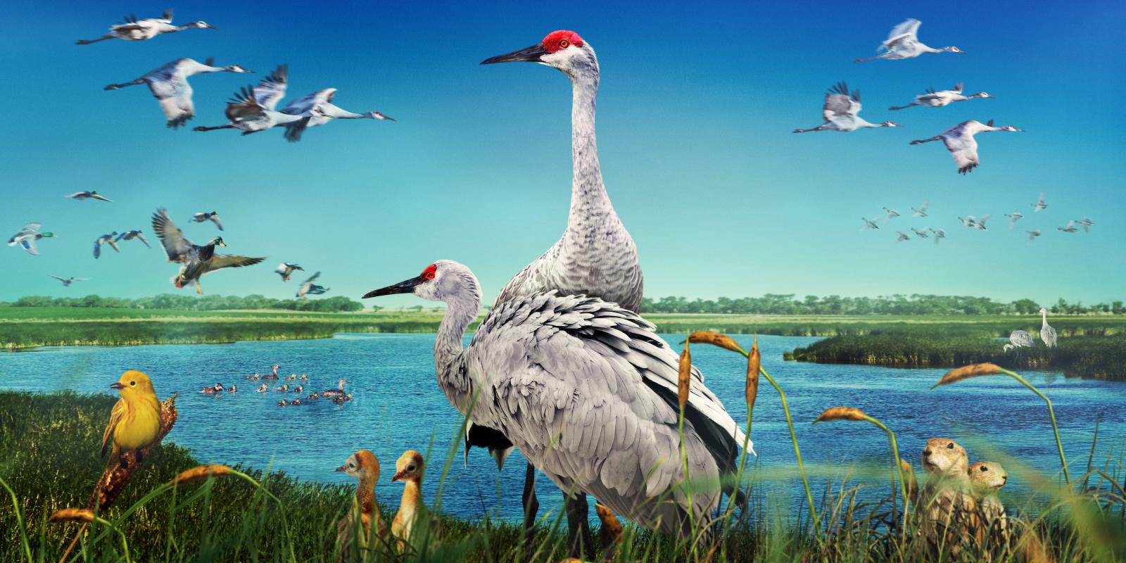 Two cranes on the edge of a lake while ducks are flying above.