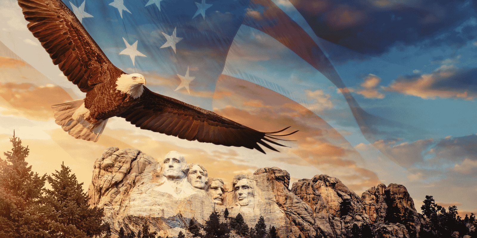 eagle flying with mount rushmore in the background set upon the backdrop of an american flag