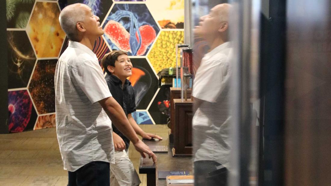 Adult man and young boy look up at a moving electric exhibit with a large hexagon mural in the background at the Fleet Science Center