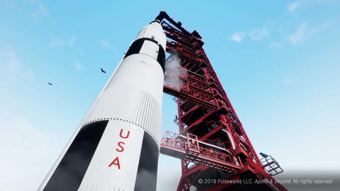 Bottom up view of a NASA rocket ready to launch on a sunny day 