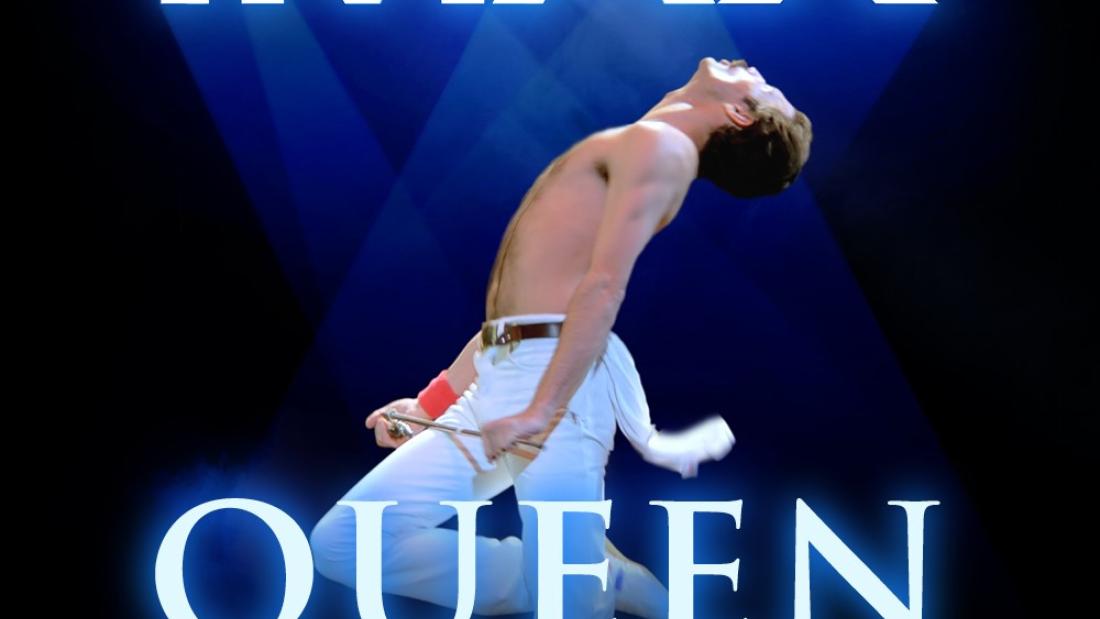 Freddie Mercury dancing in the center of the image with white pants and a blue background. Texts reads: Experience it in IMAX, Queen Rock Montreal, one weekend only, January 18-21