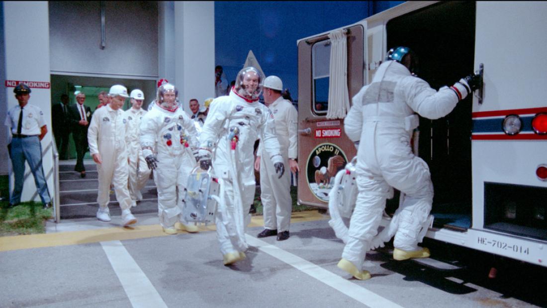 The crew of Apollo 11, (l to r) Buzz Aldrin, Michael Collins, and Neil Armstrong, on their way to the launchpad at Kennedy Space Center.