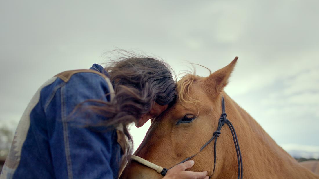 A man pressing his forhead to a horse.