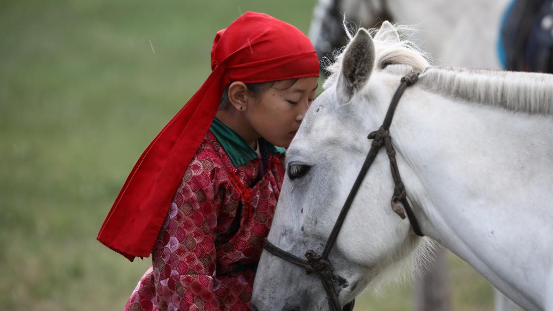 A young child shows affection to a horse.