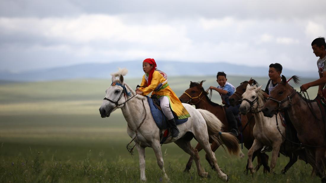 A young girl riding a horse.