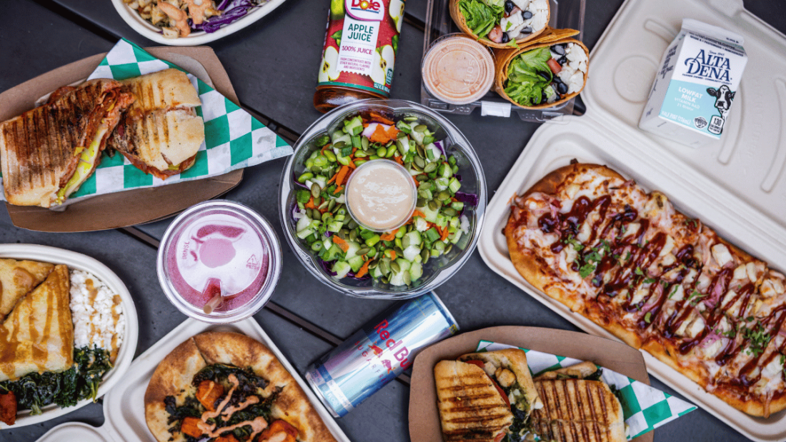 Various food and drink items on table