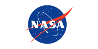 A blue circle with two red lines cutting through the circle from left to right and slightly tilted upwards. They intersect in a swoop outside the top right of the circle. The circle has white dots in it and a circle white ring that runs around the letters NASA sponsor logo