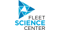 A blue triangle made of rotating blue triangles next to the words Fleet Science Center. The entire logo makes a square shape.
