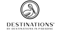 An outline of a pelican in a two lined circle stacked above the words Destinations by destinations in paradise.