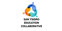 A blobby triangle shape made of twisting blue, aqua, and orange shapes that connect in a triangle type shape with matching dots above each corner over the words San Ysidro Education Collaborative