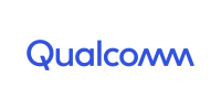 A horizontal logo that says Qualcomm and is written in bright blue