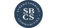 A dark blue circle with white text around the inner edge that says Strengthening Communities and in the center the letters SB stacked over the letters CS.