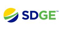The SDGE logo has a circle on the left side that has three angled swooping lines in yellow then green then blue. The letters to the right are SD in blue and GE in green sponsor logo