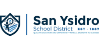 A blue outline crest with icons of a person reaching towards the sun. A vertical blue line and then the words San Ysidro over the words School District EST 1887