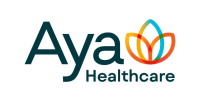 Aya Healthcare logo with green letters and a flower in yellow, red anad orange. sponsor logo