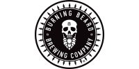 Black circle with a skull and a beard shaped like hops and text that reads Burning Beard Brewing Company