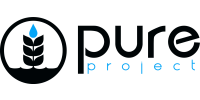 A horizontal black logo that has a picture of six leaves stacked either side of a line with a blue leaf on top in side a black circle with black waves at the bottom. Next to the circle is the word pure written in black and underneath pure it says project written in blue.