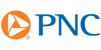An orange circle with an triangle window cut out and blue letters to the right that say PNC sponsor logo