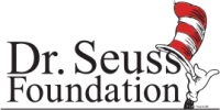 In grey letters is says Dr. Seuss Foundation with a grey line along the bottom. On the right there is a drawing of the Cat in the Hat's gloved hand holding a red and white striped tall floppy hat over the 's' at the end of Seuss. sponsor logo