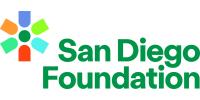A logo for the San Diego Foundation. There is a stylized burst or flower in the upper left that is multi colored. The text is written in green to the right and says San Diego Foundation sponsor logo