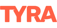 Coral colored capital letters TYRA on a white background