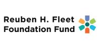 Reuben H. Fleet Foundation Fund. Black letters with a colorful art wheel. sponsor logo