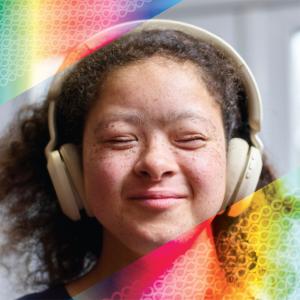 Young girl with large headphones and closed eyes, smiling with a rainbow overlaid on top in the corners