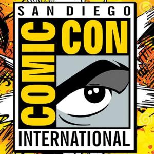 Comiccon in San Diego logo with an abstract comic-book background.