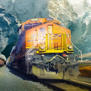 An orange train heads toward the viewer from the back left. The background is an icy snow covered mountain. 