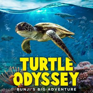 A large green sea turtle is swimming underwater in a bright blue ocean. There are bubbles coming from the turtles nose and bright sunlight shines down through the water. Other marine animals are in the background including a whale and a great white shark. There is pink coral on the ground under where the turtle swims. The film title 'Turtle Odyssey' is written in big large yellow letters. 