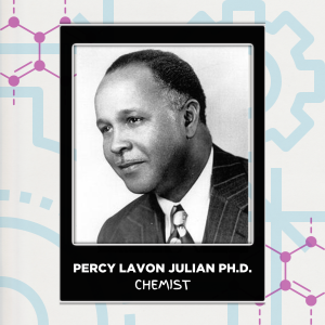 Portrait of Dr. Percy Lavon Julian in black and white.