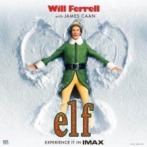 Film poster of Elf depicting a Will Ferrel making a snow angel while dressed as an Elf.