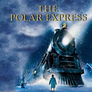Film poster of the Polar Express depicting a steam powered train towering over a small child in the snowy evening.
