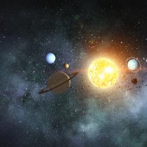 Artist rendered image of the solar system. Image depicts the sun with the planets of our solar system surrounding it 