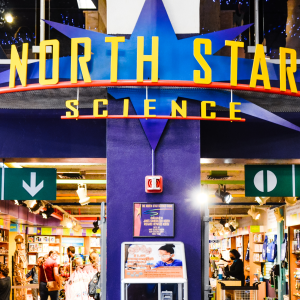 Photo of the North Star Science Store front entrance with the sign that depicts "North Star Science."
