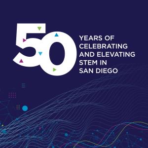 A graphic art image of a dark blue background with floating semi-transparent lines, dots, and waves in the background. The foreground is large words in white that read '50 Years of Celebrating and elevating stem in san diego'