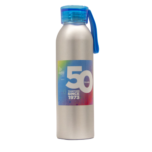 Silver water bottle with blue cap