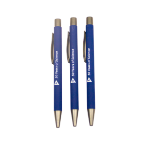 Three blue pens with silver tip