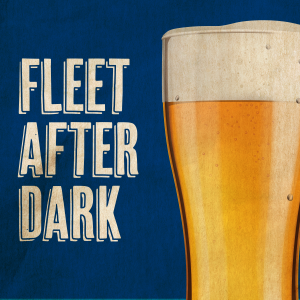 A frothy beer in a glass on a blue background with a wrinkle paper texture and the words Fleet After Dark